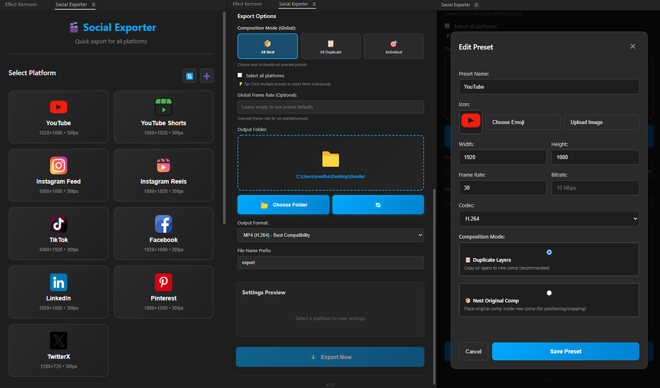 Social Exporter for After Effects full interface