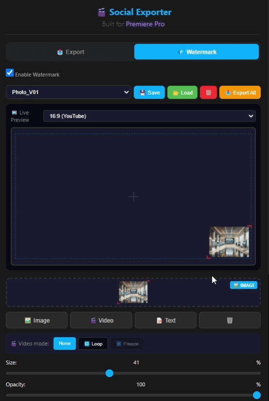 Dragging a watermark in Social Exporter Live Preview